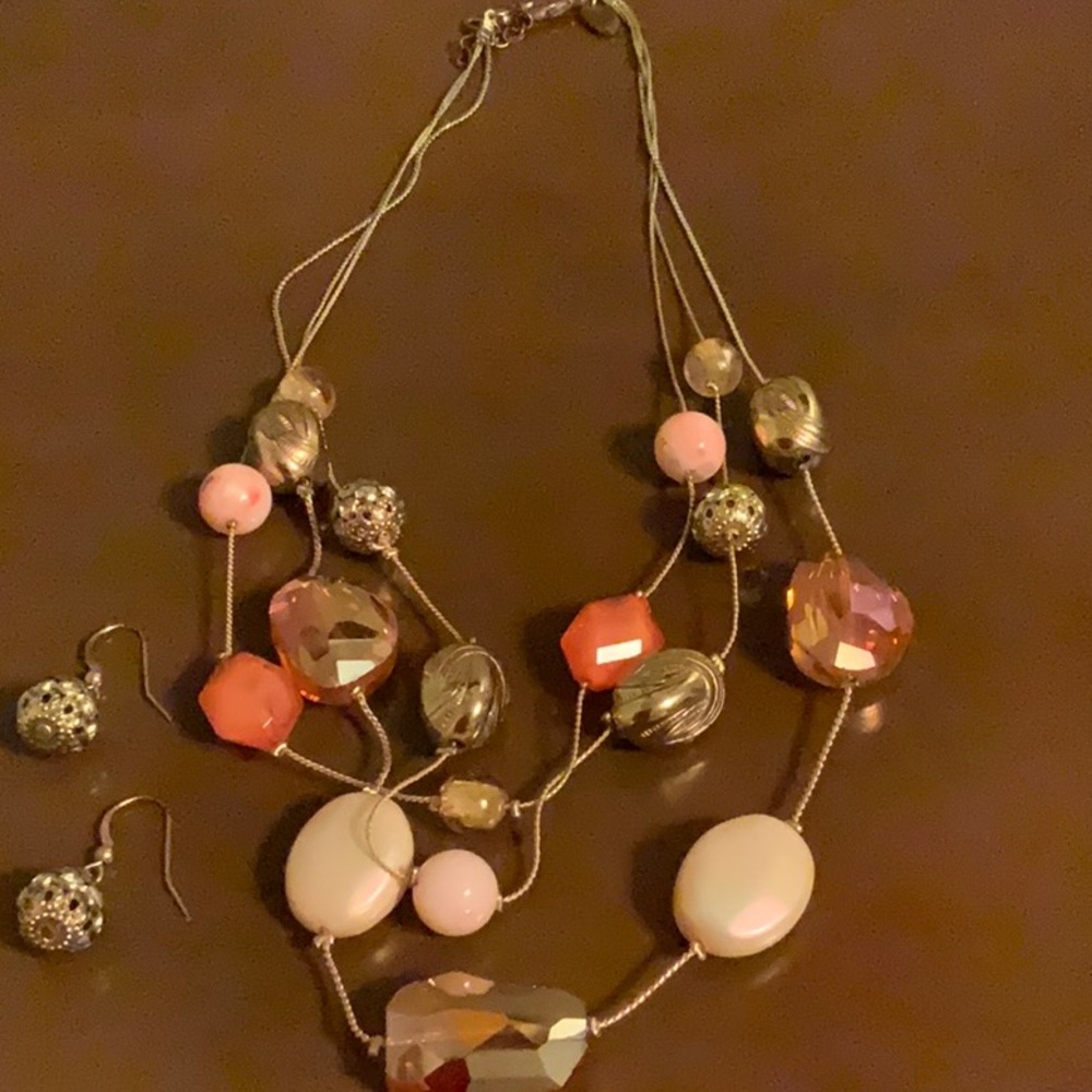 Triple stranded peach and pink necklace and earrings (3 items for $15)